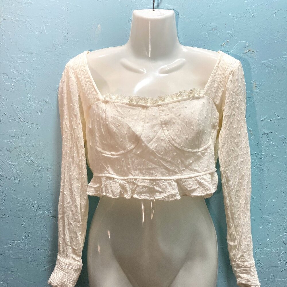 NASTY GAL White Ivory Blouse Crop Top Swiss Dot Bustier Cottagecore US 2